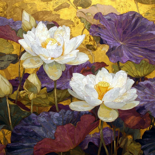 White Lotus Flowers Golden Painting