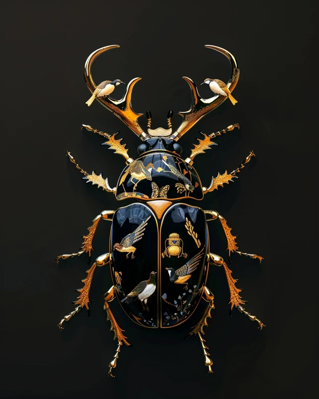 Gold Beetle Stag Beetle with Bird Motif by William Morris