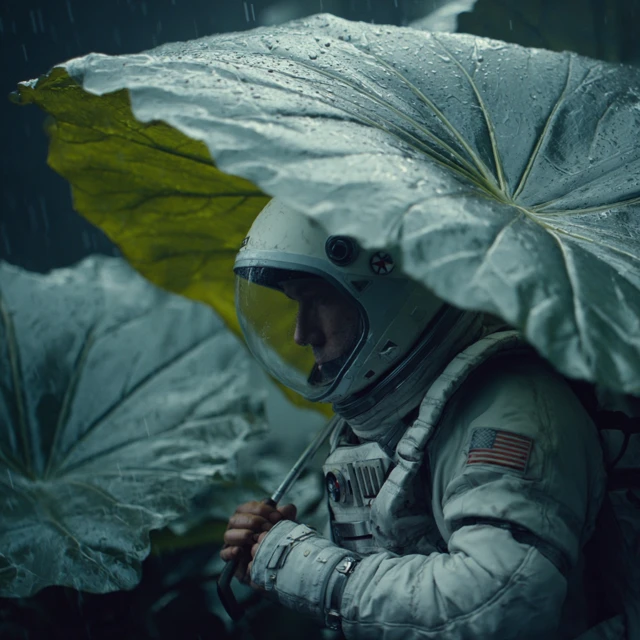 Astronaut with Taro Leaf Umbrella Cinematic Shot
