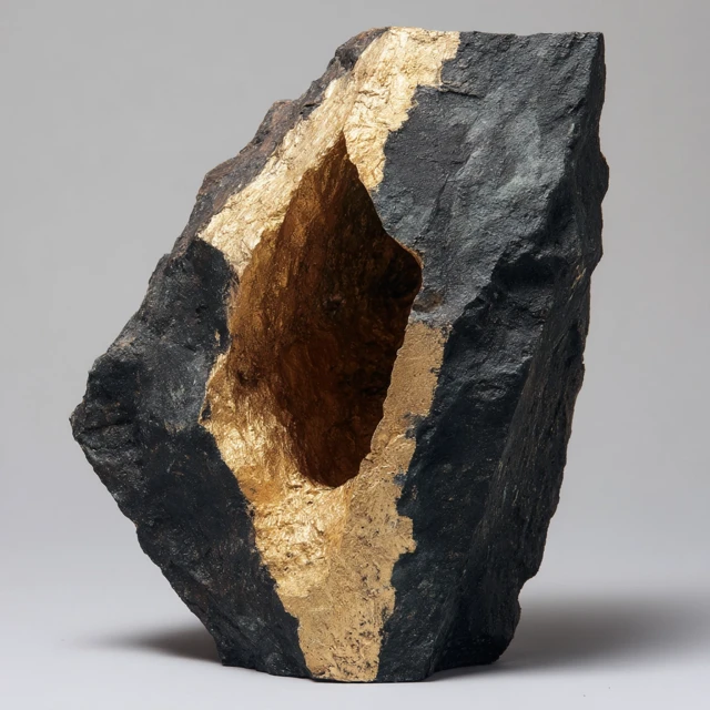 Abstract Sculpture Black Rock with Gold