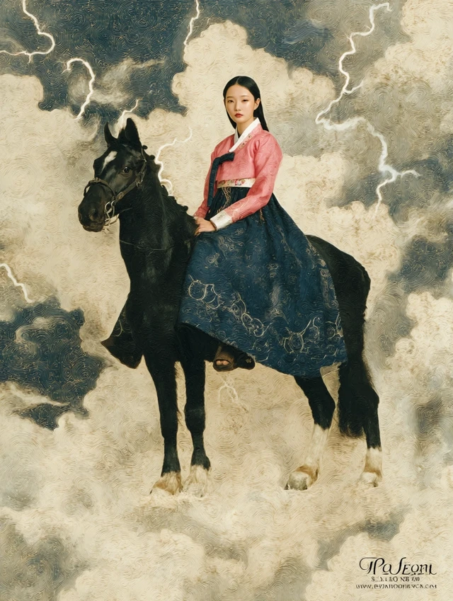 Korean Woman on Horse in Hanbok Stormy Sky