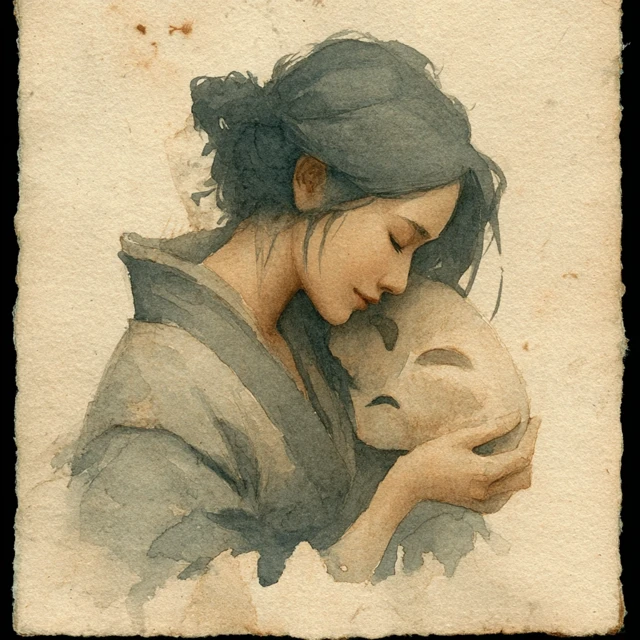 Japanese Sumi-e Watercolor: Woman with Noh Mask