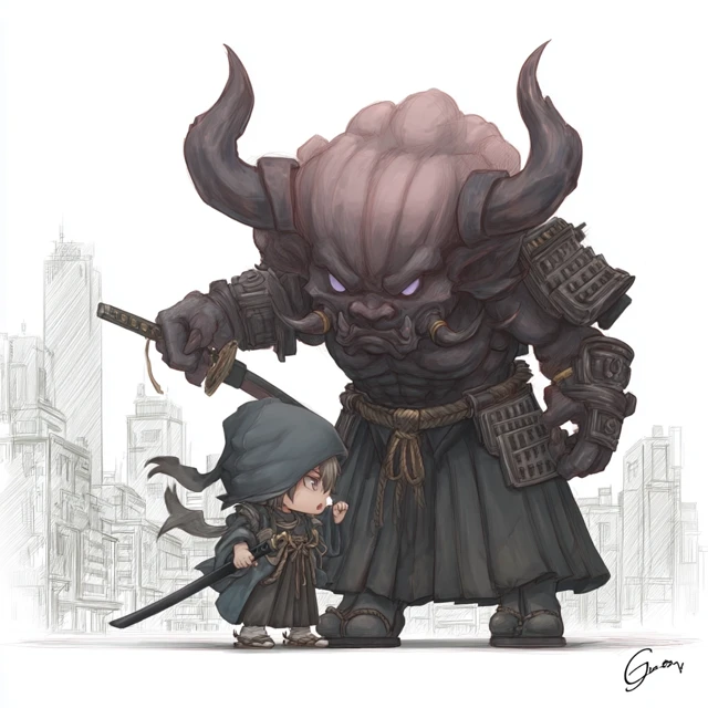 Ronin vs Demon Futuristic Metropolis Art