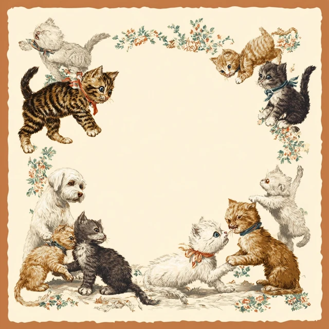 Vintage Kittens Playing Adorable Animal Illustration