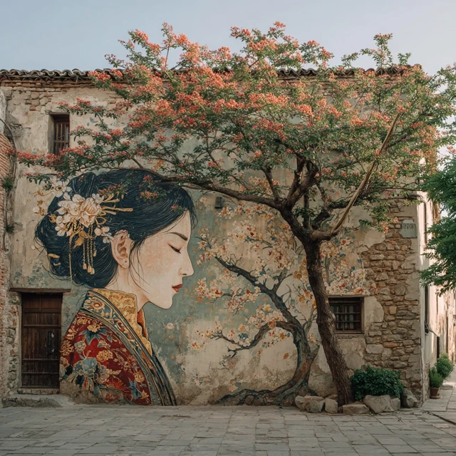 Woman Mural Blossoms in Ancient Courtyard