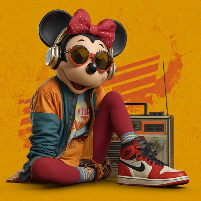 Minnie Mouse Listening to Music Retro Style