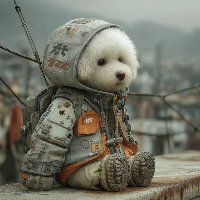Cyberpunk Bichon Frise on a Dystopian Rooftop