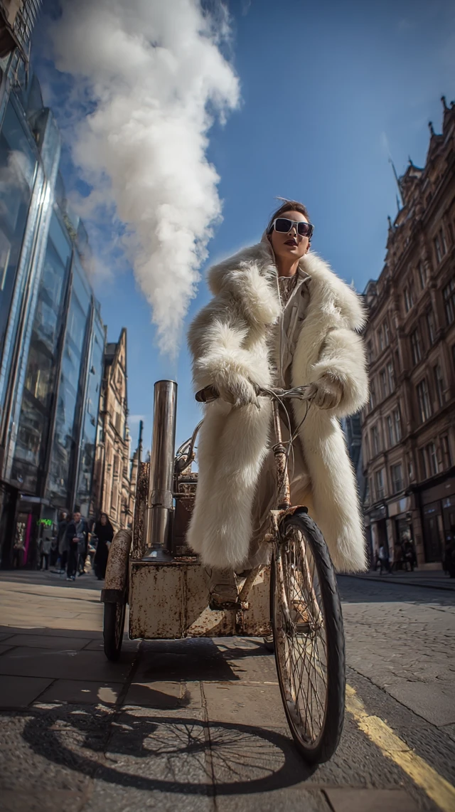Luxury Fur Coat Bicycle on City Street Photograph
