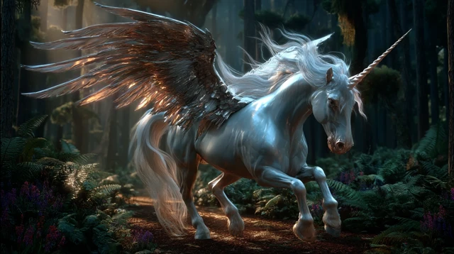 Realistic Unicorn with Wings Running Through Woods