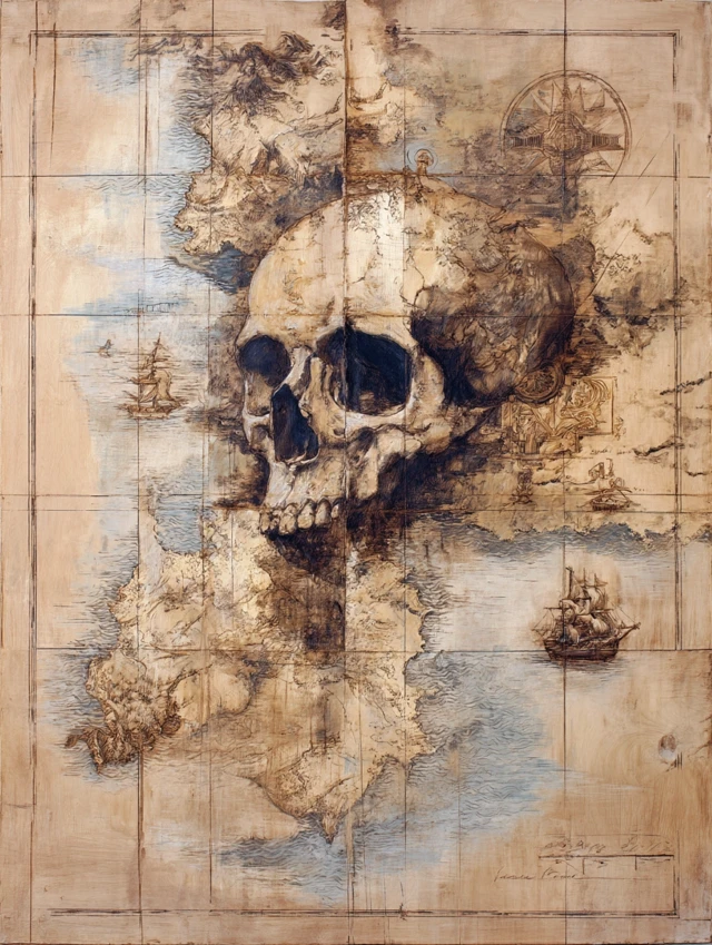 Boho Pirate Map Artwork with Skull and Ship