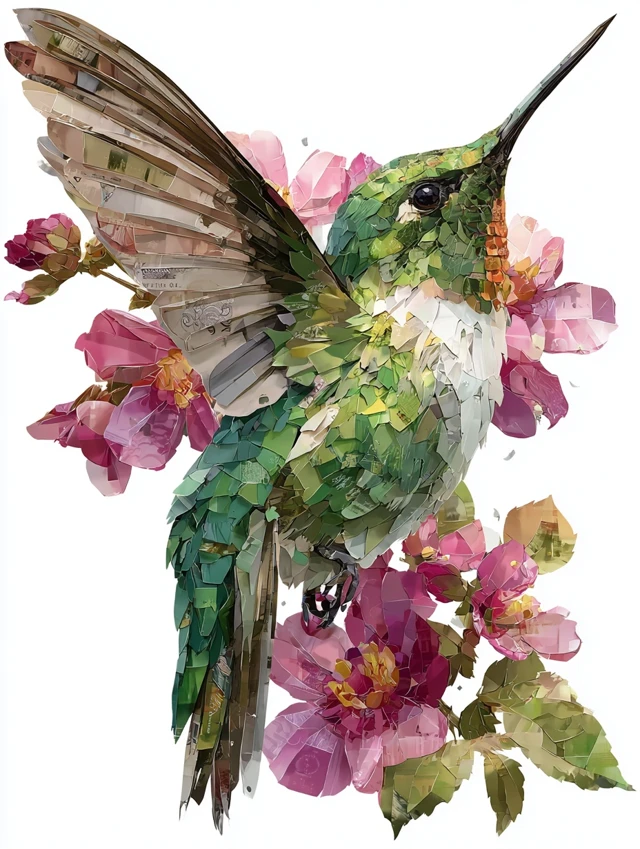 Hummingbird Art Paper Collage Pink Flowers