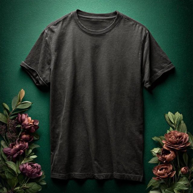 Black TShirt Mockup with Flowers and Velvet Green Background