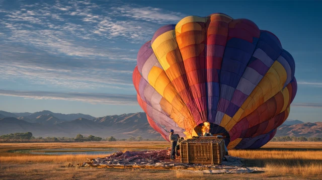 Hot Air Balloon Preparing for Takeoff in Scenic Landscape
