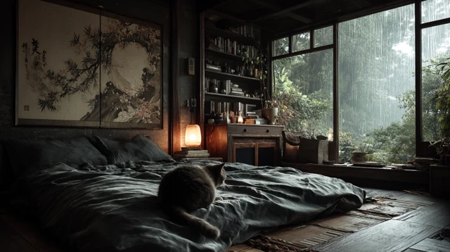 Japanese Bedroom Rainy Day Cat Peaceful Scene