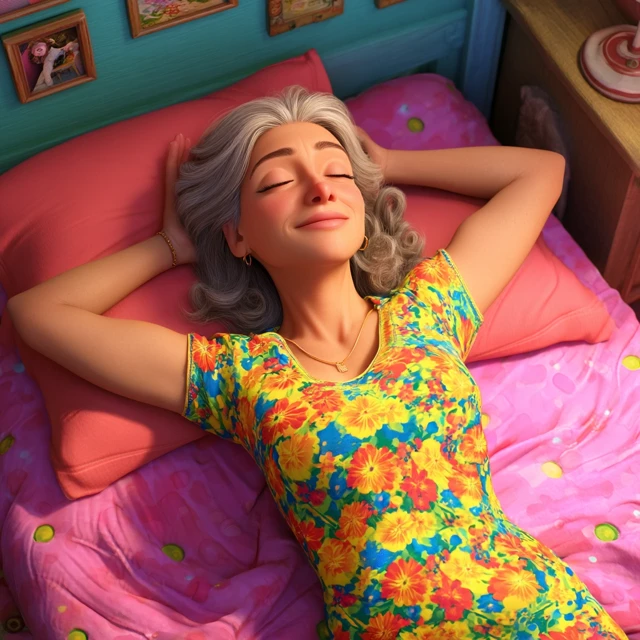 Smiling Woman Relaxing in Bed - Pixar Style