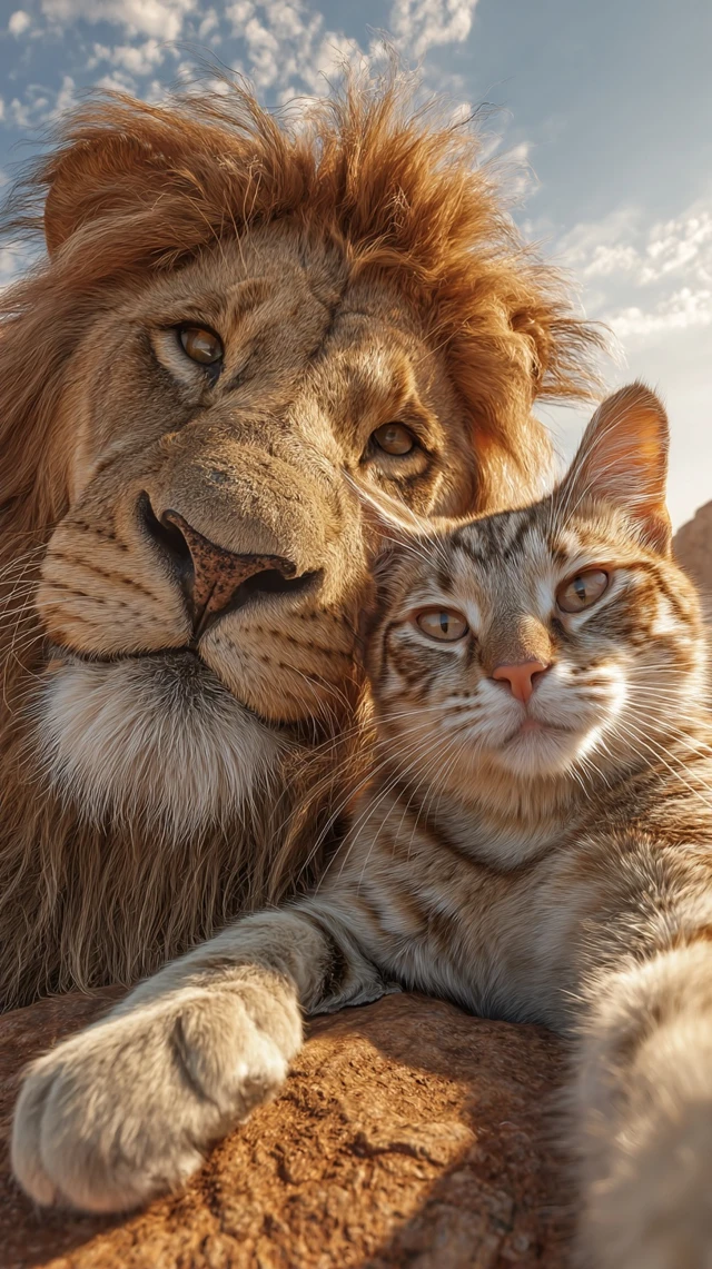 Cat and Lion Selfie in Africa Smiling Friends