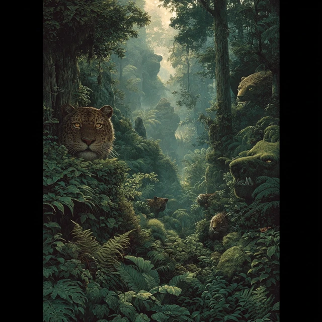90s Fantasy Rainforest Predators Oil Painting