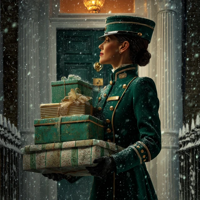 Concierge with Gifts in Winter Scene