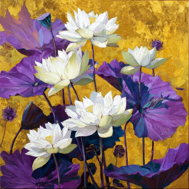 White Lotus Flowers Golden Painting