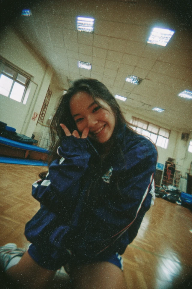 Japanese Girl Retro Photo Smiling Peace Sign