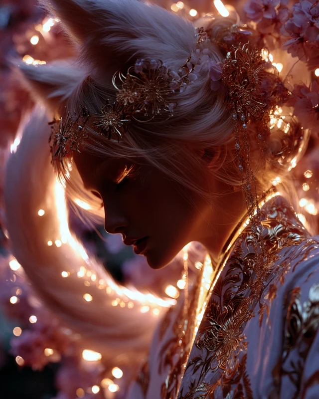 Magical Kitsune Woman in Japanese Garden