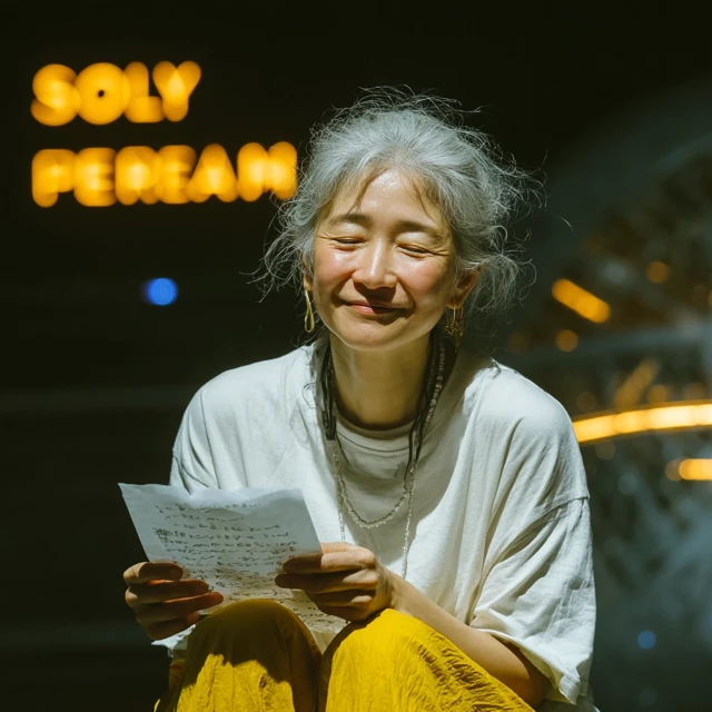 Smiling Korean Woman Wiping Tears at a Performance