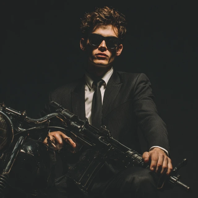 Man in Suit with Rifle Motorcycle Yves Saint Laurent