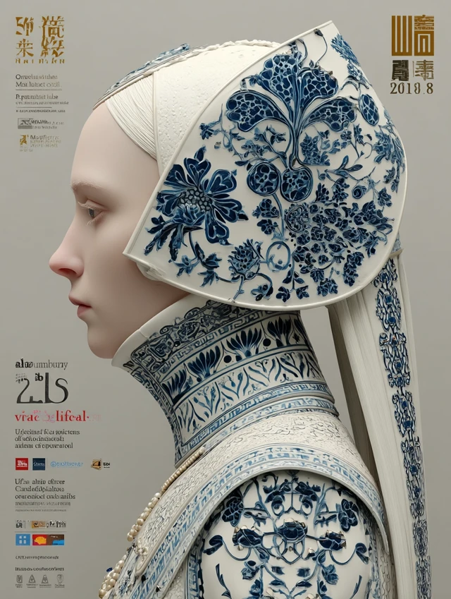 Surreal Model in Blue Floral Ceramic Style