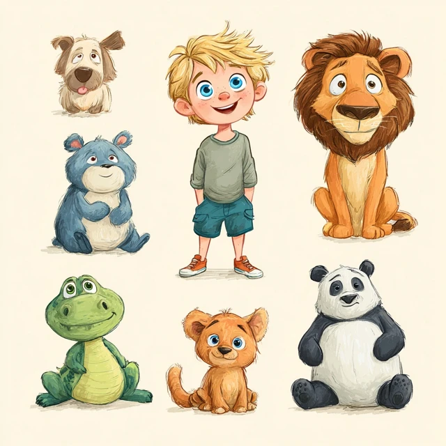 Cute Cartoon Boy and Animals Illustration