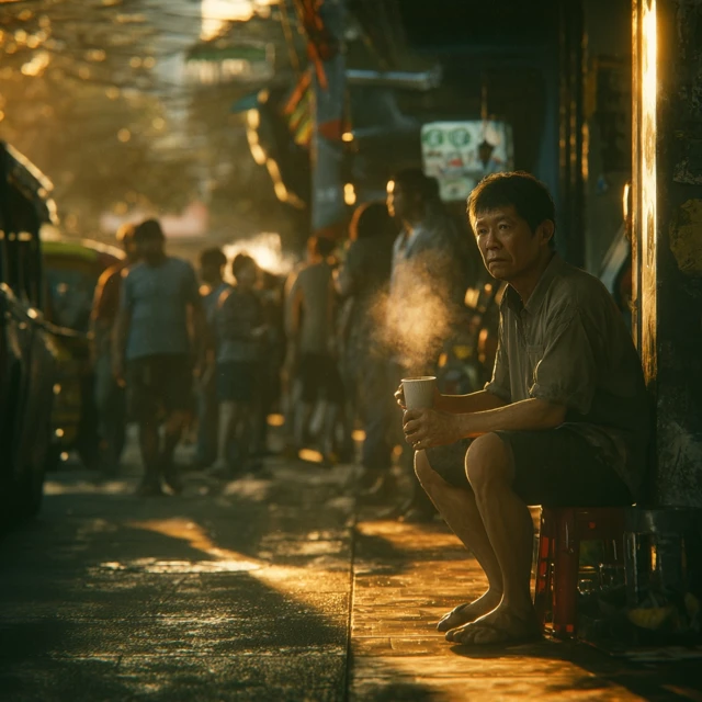 Thai Man Sipping Coffee at Market Hour