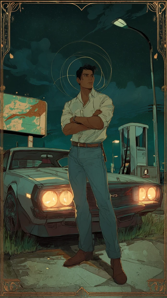 Art Nouveau Tarot Card Asian Man Muscle Car