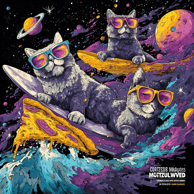 Cats Surfing Pizza in Space Fun Colorful Art