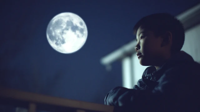 Young Chinese Man Gazing at Moonlit Sky