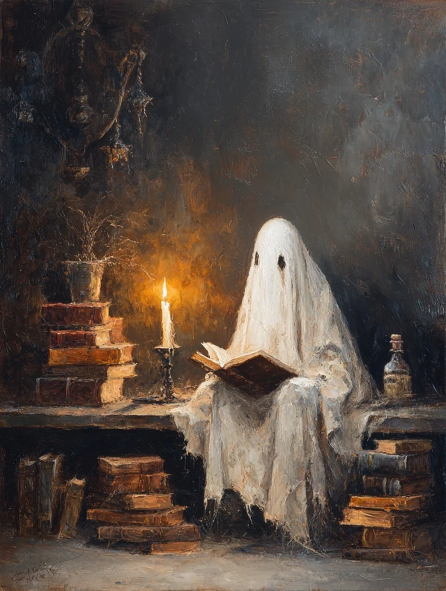 Halloween Ghost Reading Oil Painting