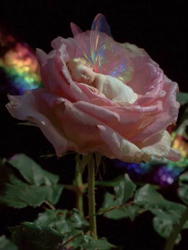 Sleeping Fairy in a Pink Rose
