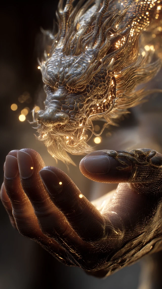 Golden Dragon Head Emerging From Hand Eastern Art