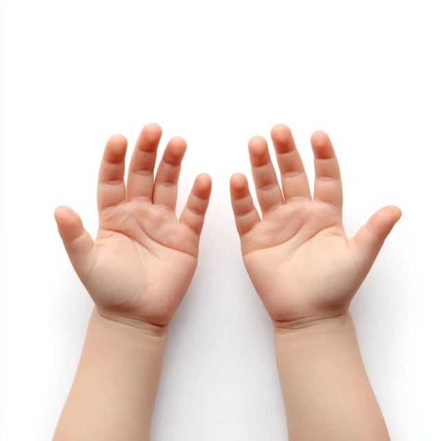 Childs Hands Top View on White Background