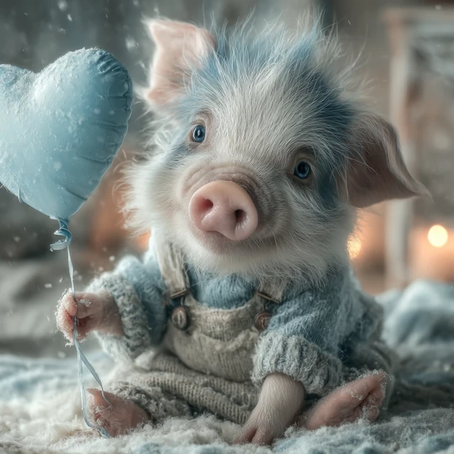 Sad Blue Piglet With Heart Balloon In Winter