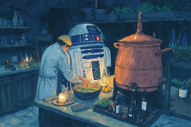 Steampunk Kitchen R2D2 Chef Dark Illustration