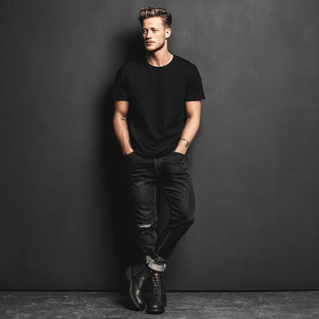 Blonde Male Model in Black TShirt and Jeans