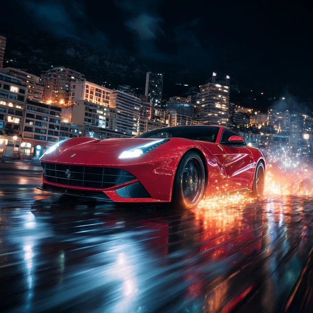 Ferrari Speeding Through Monte Carlo at Night