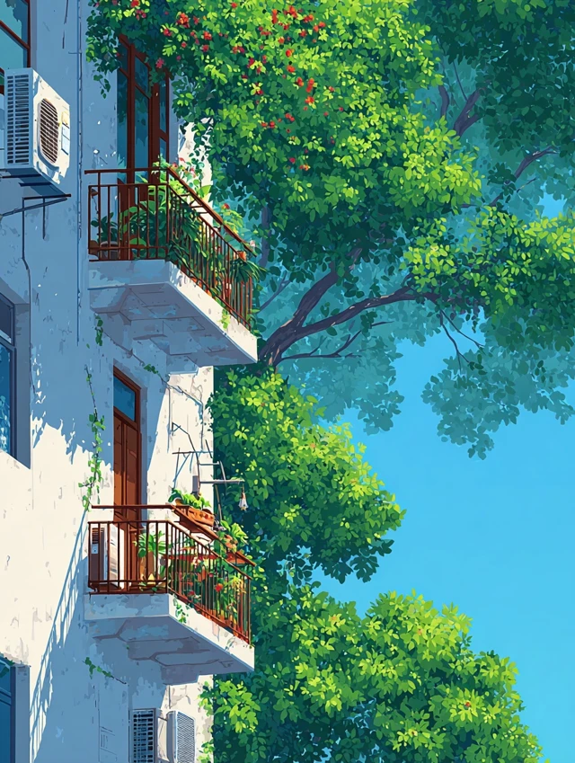 Minimalist Cityscape Building with Lush Greenery Anime Art