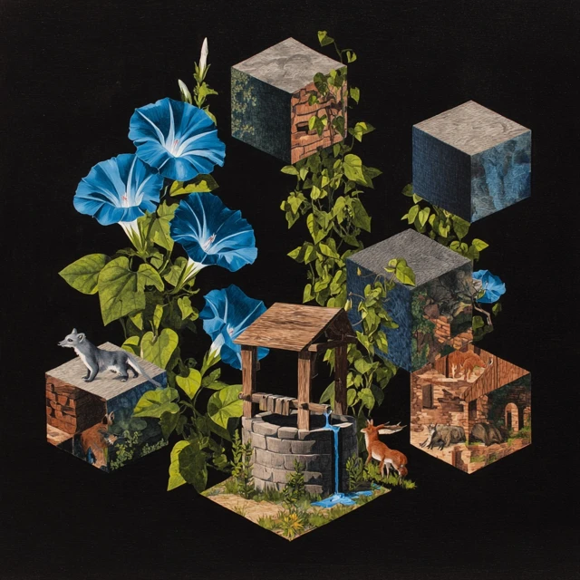 Collage Art of Cubic Worlds with Animals and Flowers