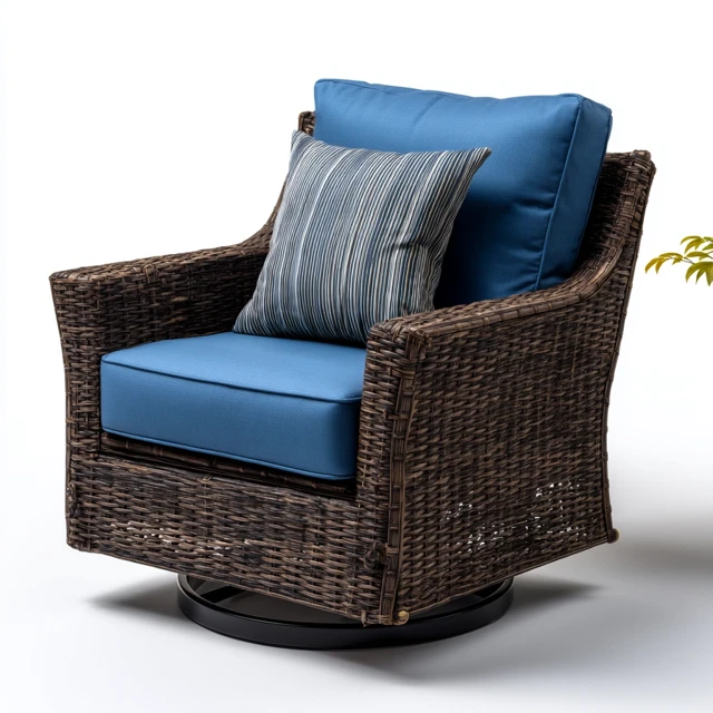 Wicker Swivel Glider Chair with Blue Cushions