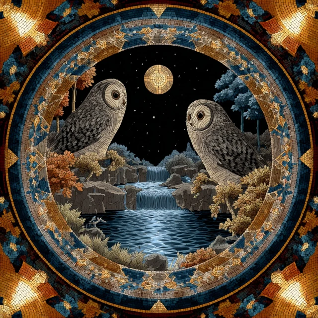 Owl Mosaic Night Koi Pond Zen Garden Artwork