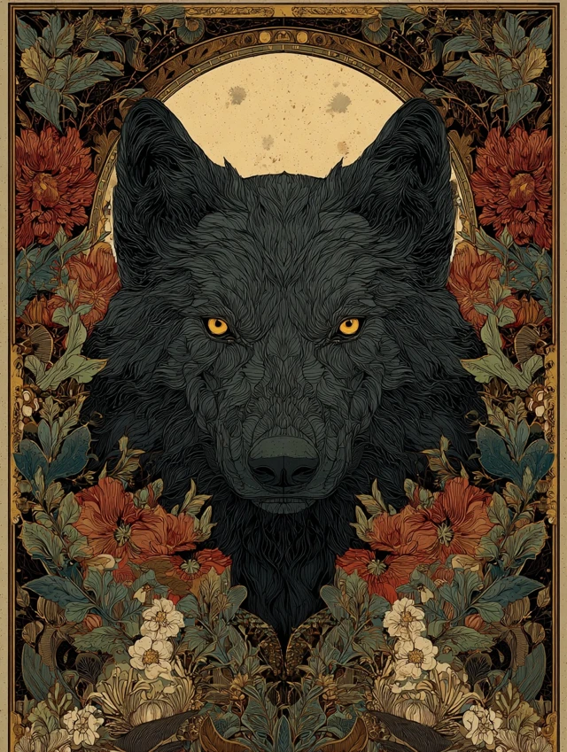 Mystical Wolf with Golden Eyes and Floral Design