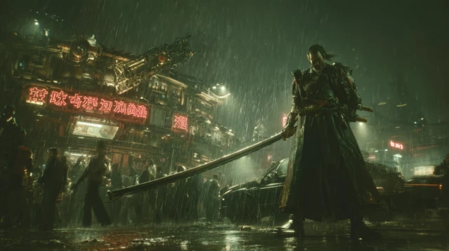 Cyberpunk Warrior In Rainy City