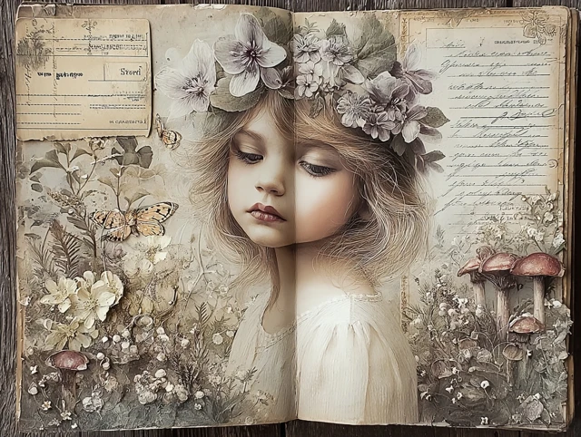 Vintage Journal Page Girl Flowers Birds