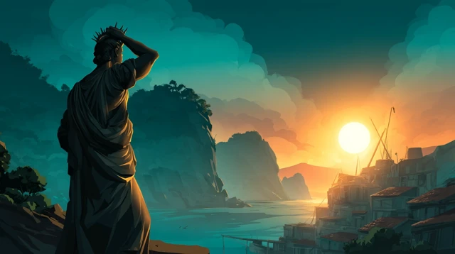 Sunrise Statue Harbor Illustration