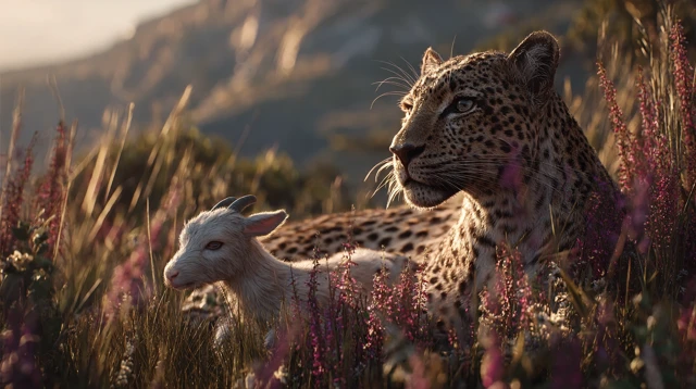 Leopard and Goat Peaceful Scene Nature Artwork
